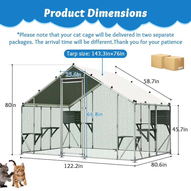 GDFStudio - Large Outdoor Metal Cat Catio Cage with Double Safety Lock & Enhanced Stability, All-Weather Pet Enclosure - 3x2M