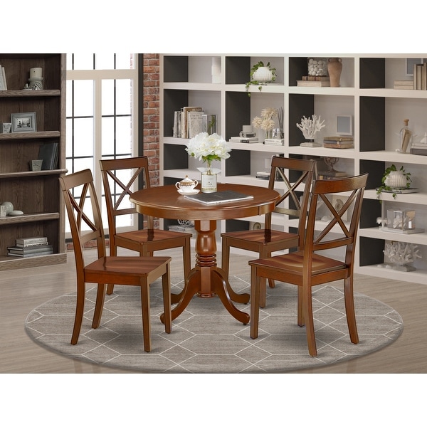 Round 36 Inch Table and Wood Seat Chairs Kitchen Set in Mahogany Finish