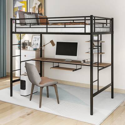 Twin/Full Size Loft Bed with Built-In Desk and Bookshelves, Durable Metal Frame, Black