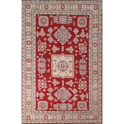 Red Geometric Kazak Living Room Area Rug Hand-Knotted Wool Carpet - 6'7" x 10'1"