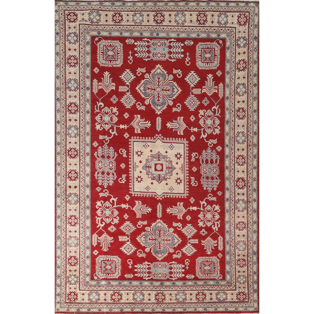 Red Geometric Kazak Living Room Area Rug Hand-Knotted Wool Carpet - 6'7" x 10'1"