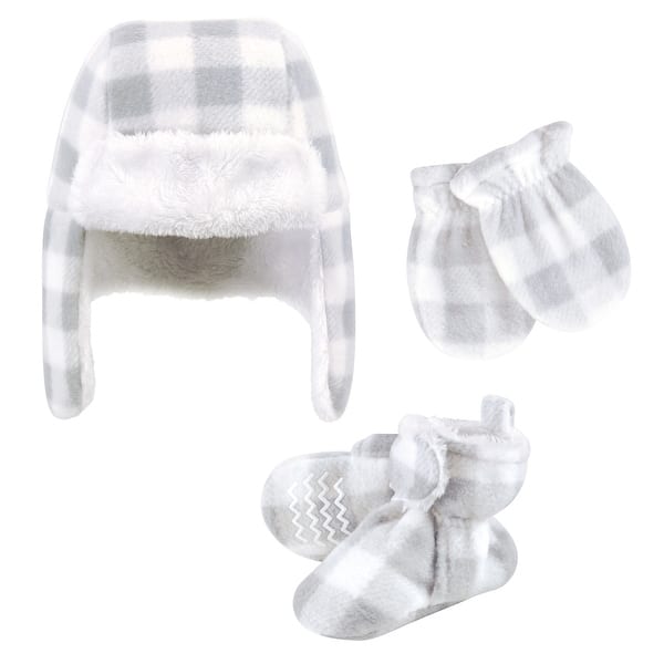 slide 2 of 2, Hudson Baby Unisex Baby Trapper Hat, Mitten and Bootie Set, Gray White Plaid 0-6 Months - Gray White Plaid
