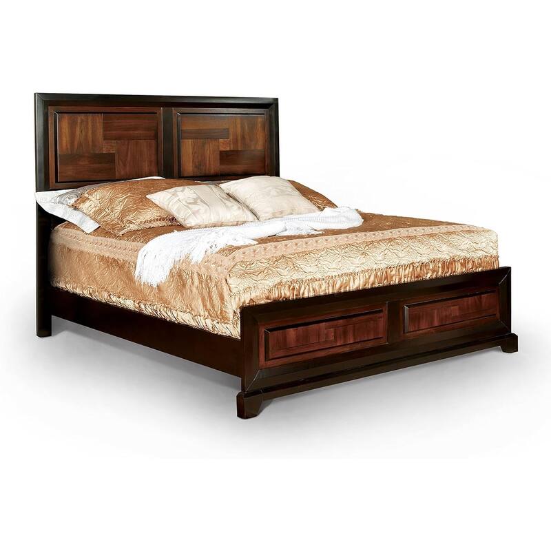 Queen Size Solid Wood Platform Bed with Parquet Headboard and Transitional Design