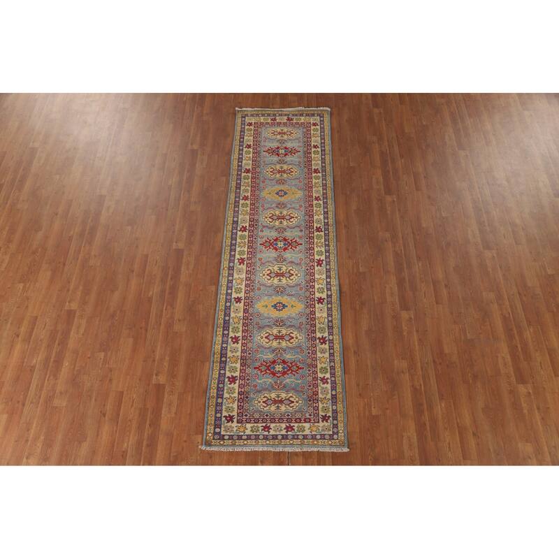 Kazak Runner Rug Light Blue Handmade Wool Carpet - 2'7" x 9'3"