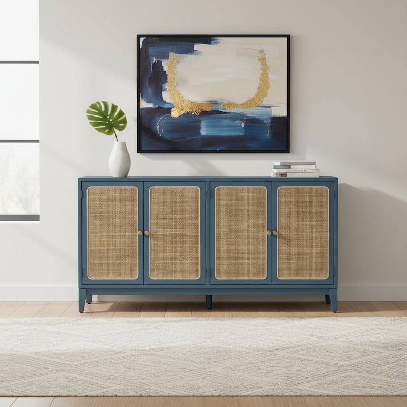 60 in. Blue Solid Wood 4 Door Media Credenza_Sideboard