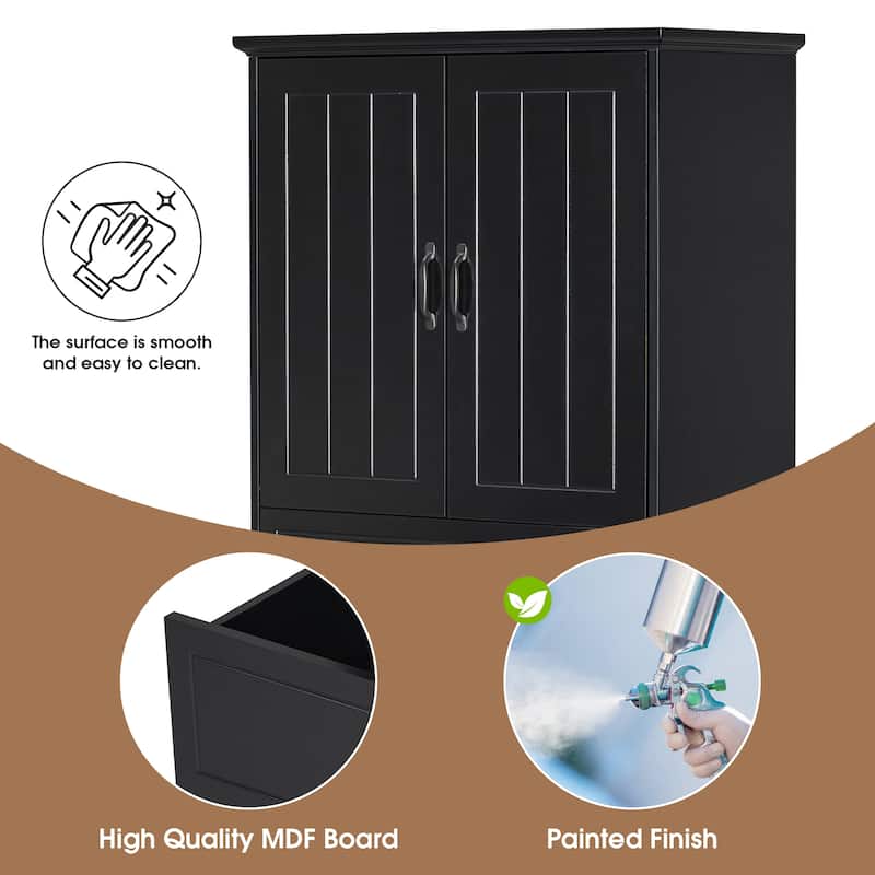 Roomfitters Bathroom Storage Cabinet with Double Laundry Hampers, Doors and Drawer Organizer