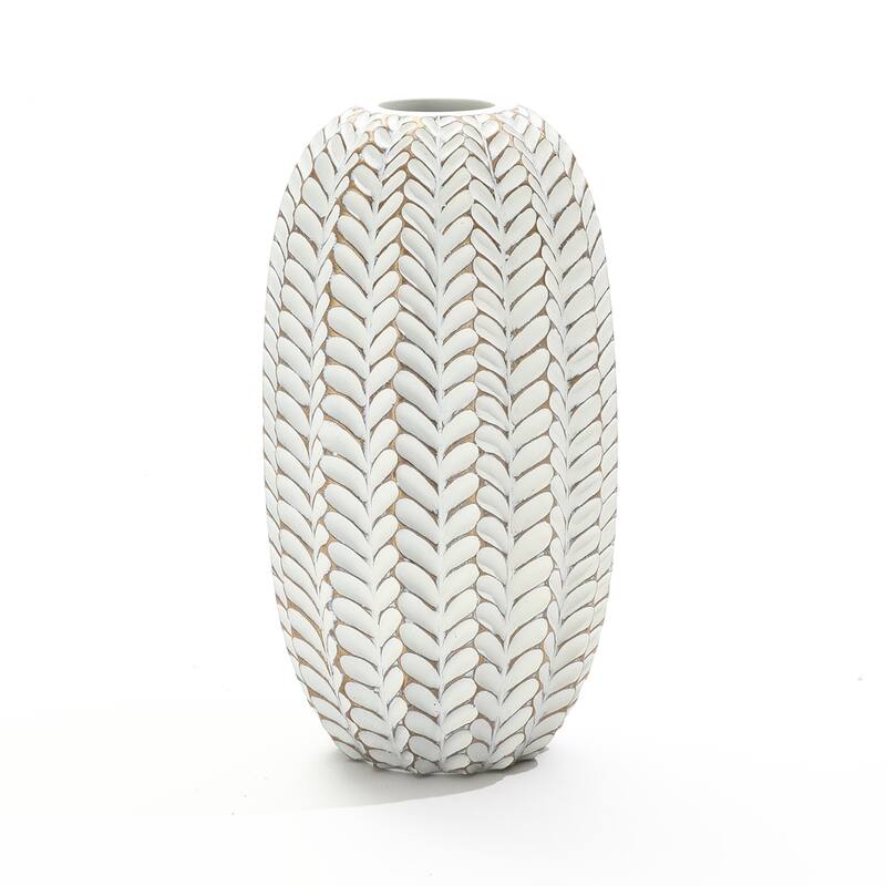 Modern White with Gold Geometric Pattern Polyresin Vase - 13.4" H x 7.1" Diameter