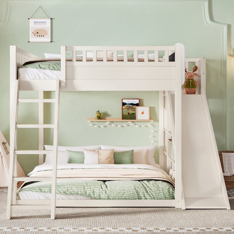 Queen/Full Loft Bed with Upholstered Headboard, Storage & Slide
