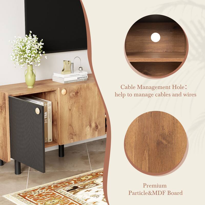 Mid-century TV Stand for TVs up to 70" with 3 Cabinets and 2 Open Storage Compartments, for Living Room and Bedroom