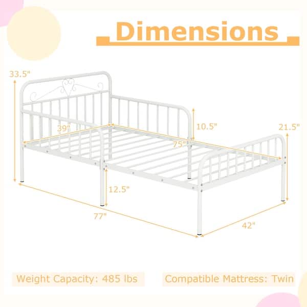 dimension image slide 2 of 3, Twin Size Bed Frame with Headboard and Safety Side Guardrails-Black