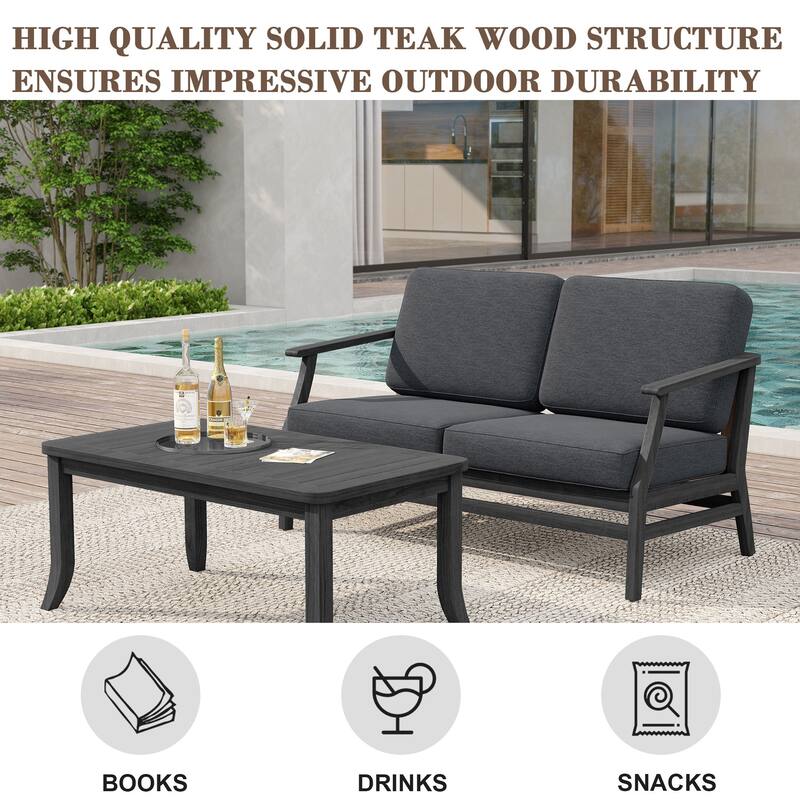 Teak Wood Patio Outdoor Loveseat Sofa and Coffee Table Set