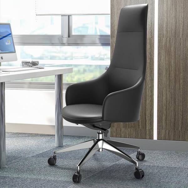BOSS Office Products High Back Black Leather Executive Desk Chair with Built-In Lumber Support B7501