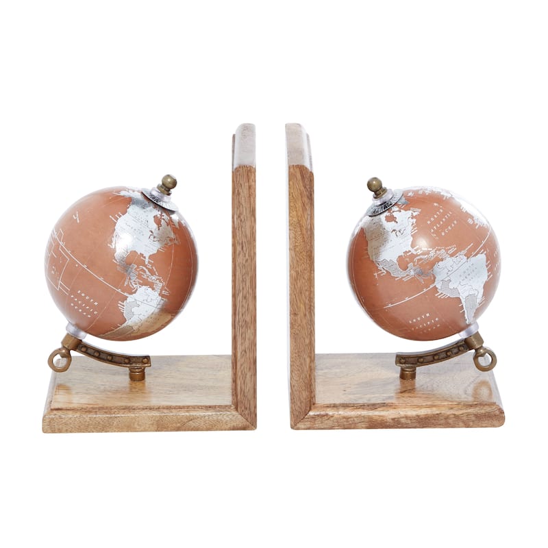 Wood Globe Bookends - Set of 2 Brown - Roche River Decor - 4"W x 6"L x 7"H