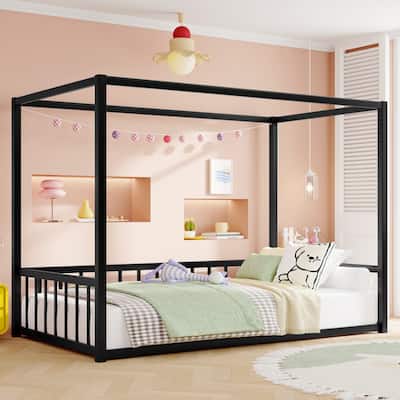 Iron Sunshade Floor Bed, Low-Profile Metal Canopy Bed Frame with Fence-Style Guardrails