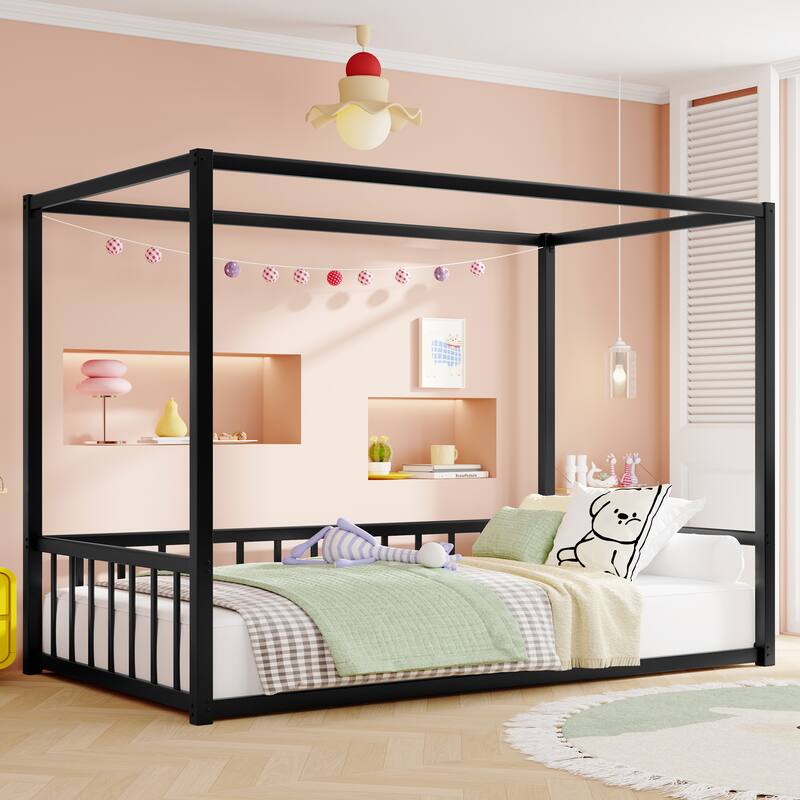 Twin Size Sunshade Floor Bed, Iron Double-Size Bed Frame,Equipped With Fence-Style Guardrails
