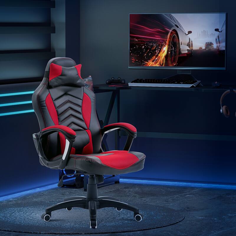 Featured Heated Desk Chair Swivel Rolling Chair, Leather Massage Gaming Chair Computer Chair with Headrest - Red
