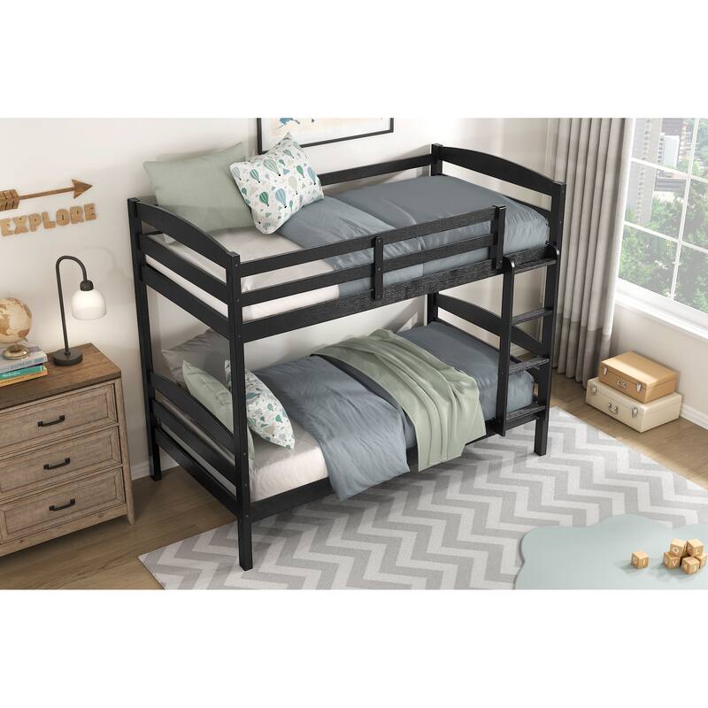 Twin Over Twin Bunk Bed with Guard Rails, Sturdy Wooden Black Finish, Youth Bedroom Furniture