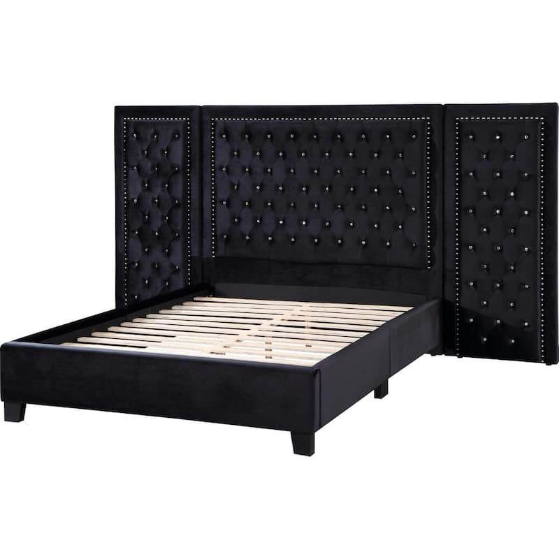 Cleo Queen Bed, Velvet, XL 3 Panel Tall Headboard, Crystal Tufted, Black - Black - Twin XL