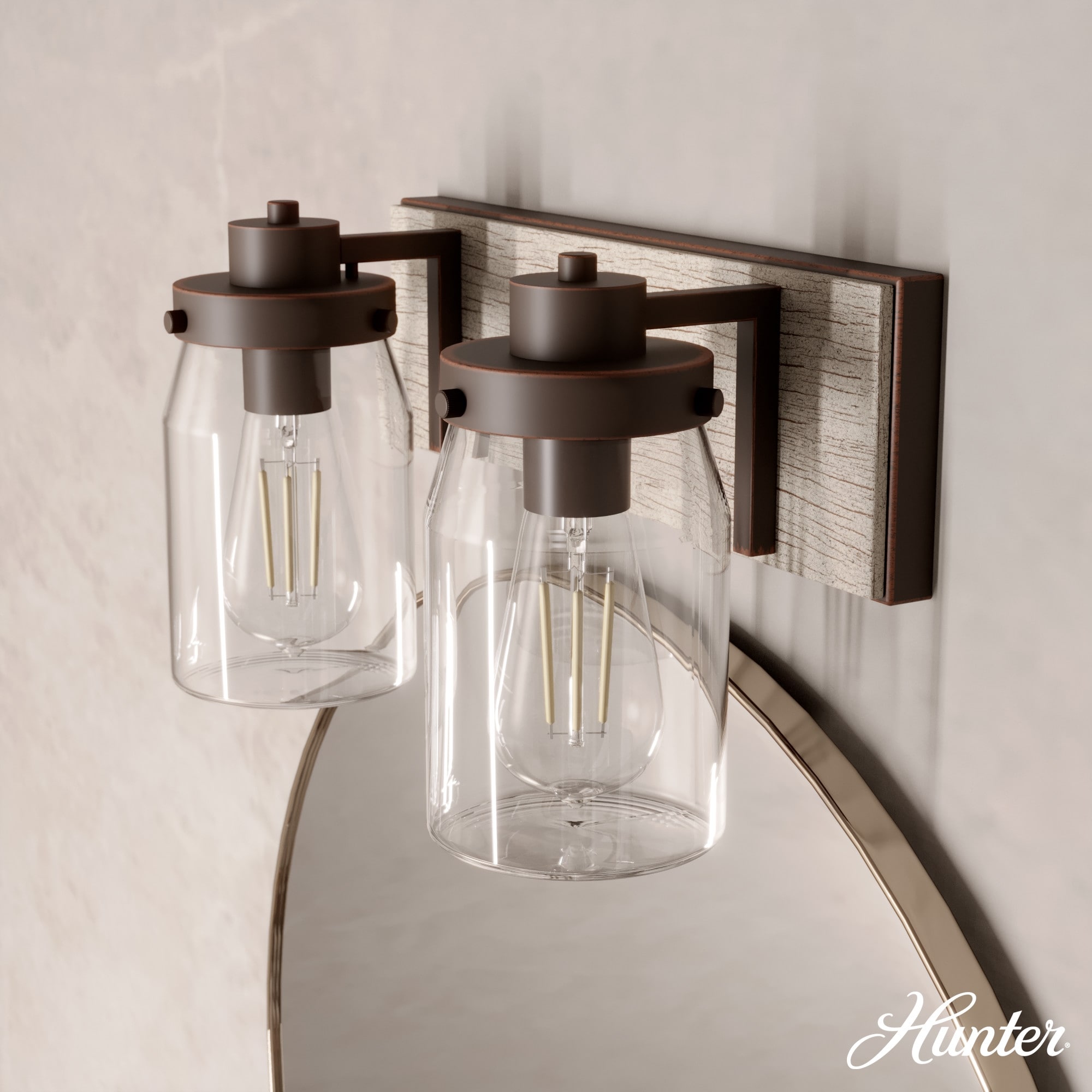 Hunter Devon Park Bathroom Vanity Wall Light, Damp Rated, Rustic, Farmhouse