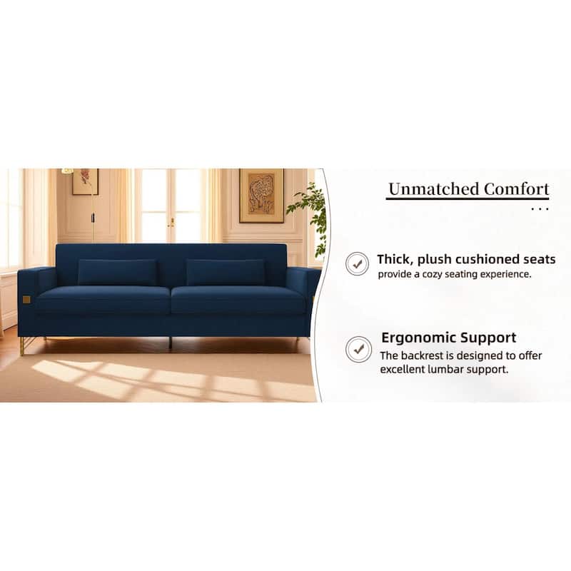 Roomfitters Mid-Century Modern Upholstered Sofa with Gold Metal Legs and Square Arms, Elegant Couch for Living Room