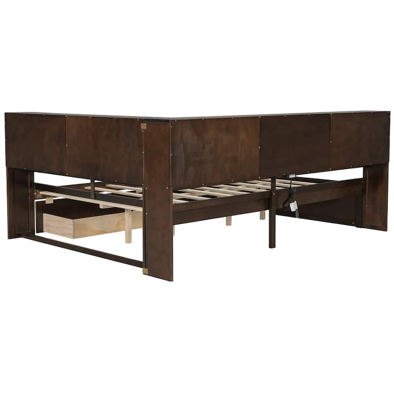 Queen Size Wood Daybed with LED Storage Shelves, USB Ports, and 2 Drawers by Harper&Bright Designs