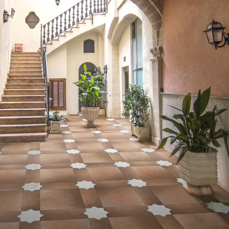 Merola Tile Argile Bordeaux Ferrara with Losanga and Bianco Star 24-5/8" x 24-5/8" Porcelain Floor and Wall Tile - Kit (4 Tiles)