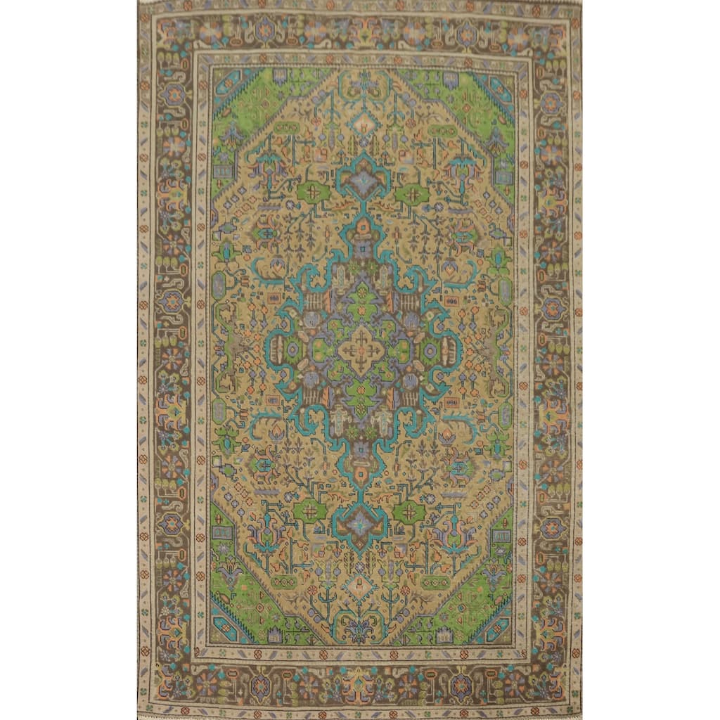Hand Knotted Oriental 100% Wool Carpet Traditional Distressed Brown Tabriz Area Rug - 9' 5'' X 6' 4''