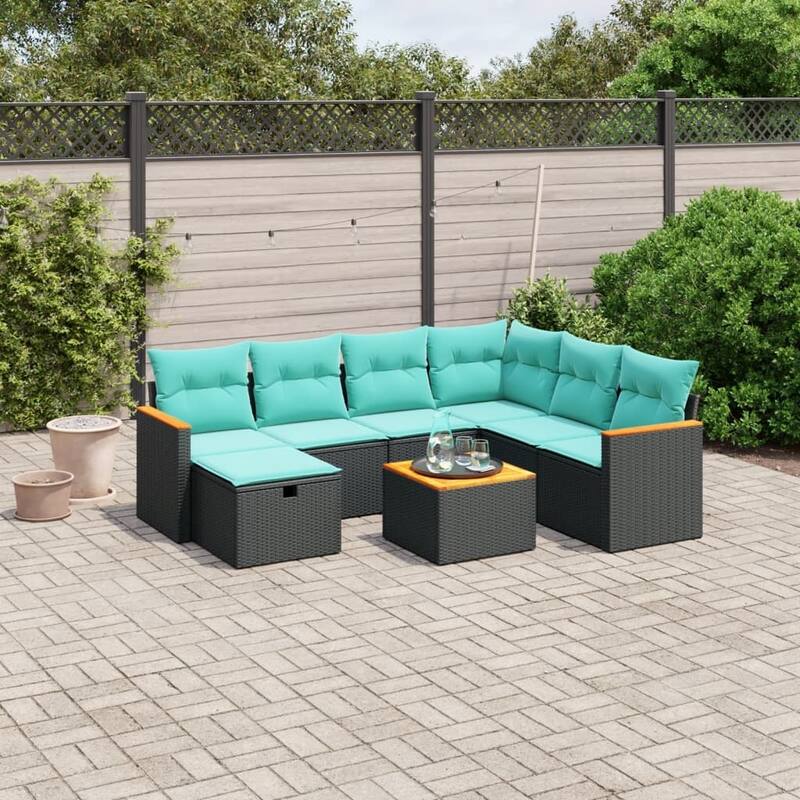 vidaXL Patio Sofa Set with Cushions Outdoor Conversation Furniture Poly Rattan - 24.4" x 24.4" x 27.2" - Black and blue with table