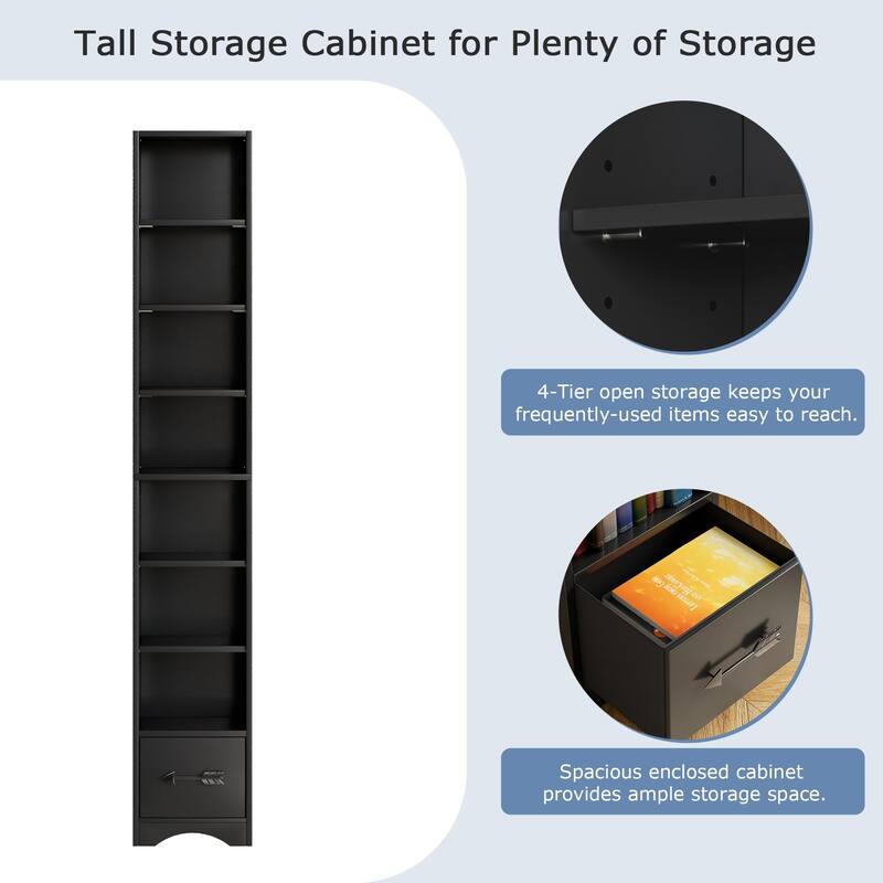 Javlergo Tall 7-Tier Adjustable Corner Bookcase with Drawer MDF Storage Shelf for Living Room Bedroom Kitchen and Entryway