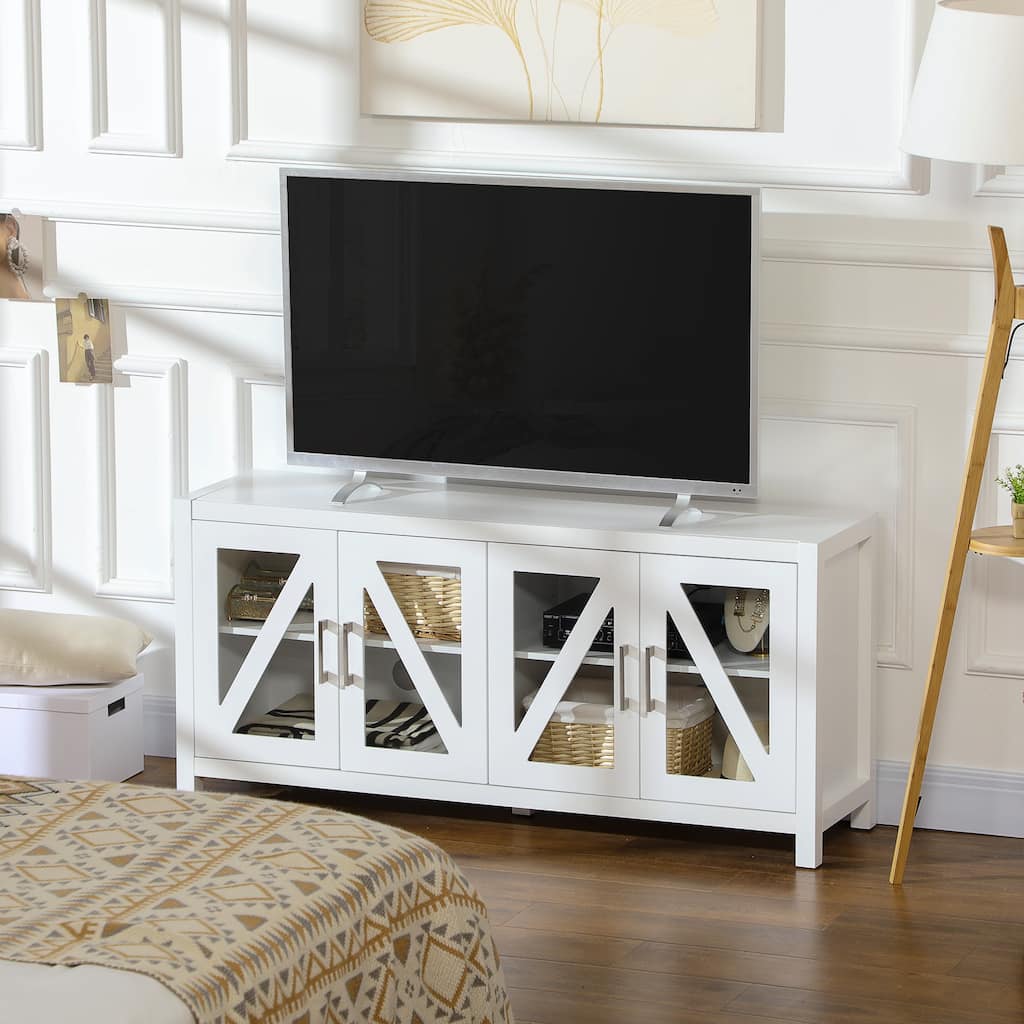 ​Minimalist Cream White TV Stand with 2 Storage and 2 Glass Doors Cabinets for Living Room Bedroom and Apartment​