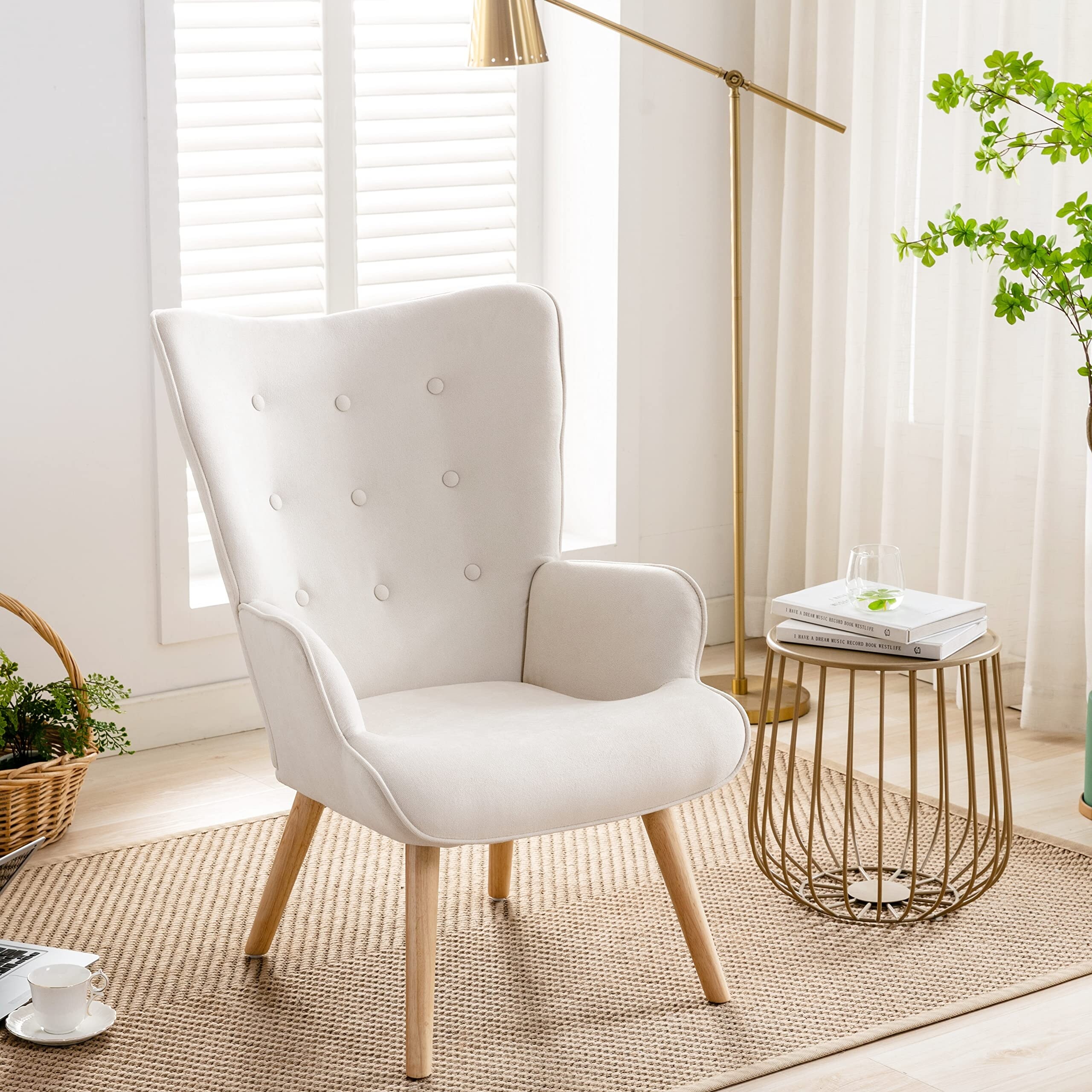 Linen Tufted Button Back Accent Chair Wingback Chair with Arms