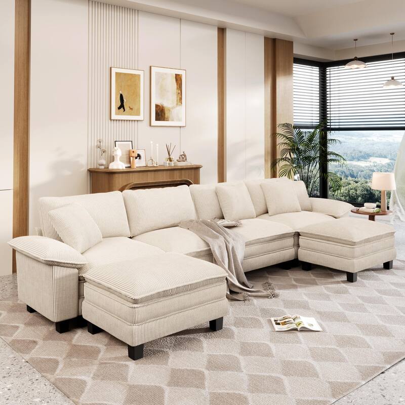 MAISON ARTS Modular Cloud Sectional Sofa, Comfy L- or U-Shaped Couch with Ottomans & Pillows, 4–6 Seat Living Room Sofa - Beige Corduroy (6 Pieces) - Symmetrical