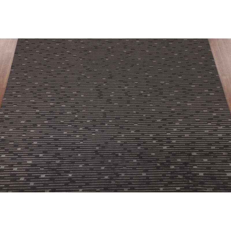 Striped Black Nepalese Indian Area Rug Hand-Knotted Wool Carpet - 9'0" x 11'8"