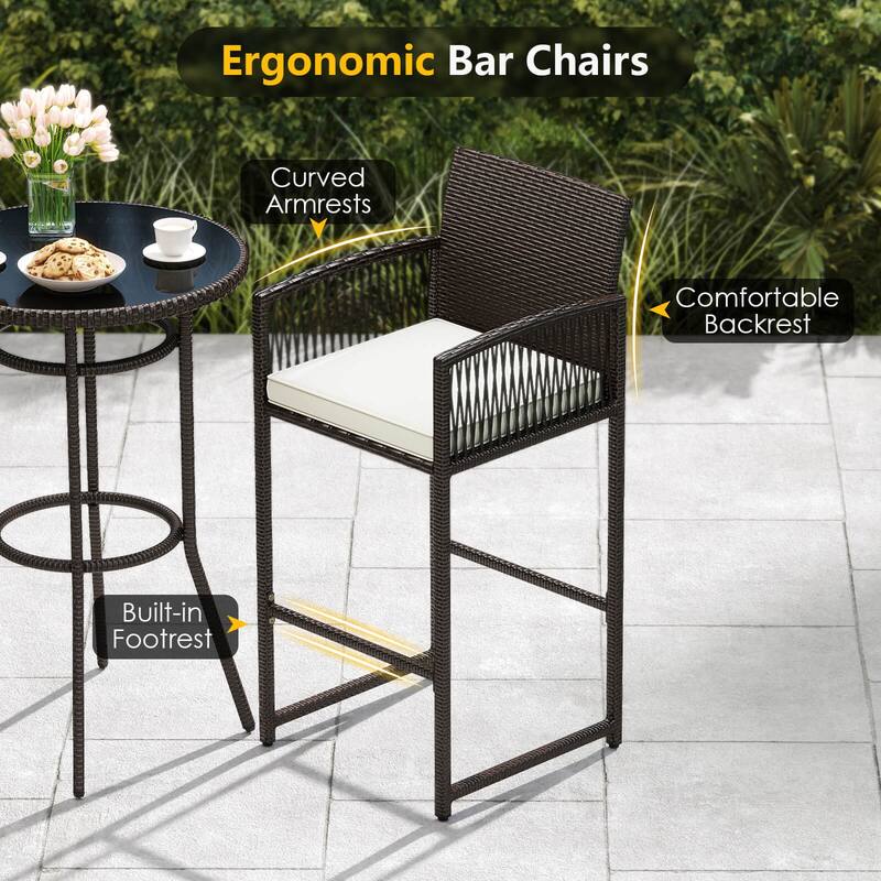 Costway 3 Piece Wicker Patio Bar Set with 2 Seat Cushions Glass - See Details