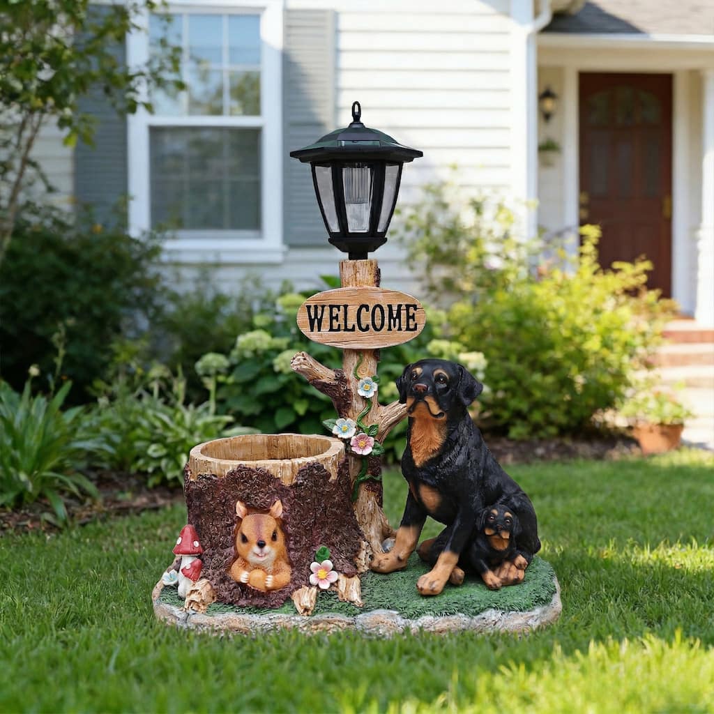 GDFStudio - Rottweiler Dog Family Planter Statue Resin Outdoor Garden Decor for Yard Patio