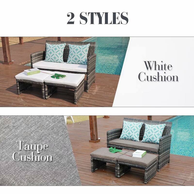 3 PCS Patio Rattan Furniture Set Loveseat and Ottoman Cushioned