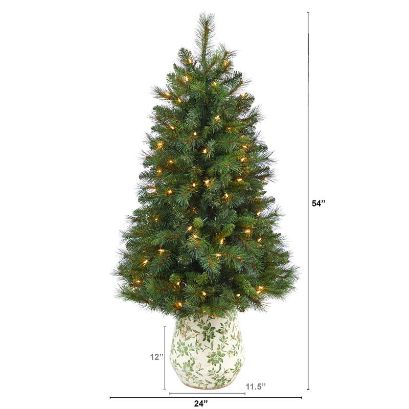 4.5' Artificial Christmas Tree with 100 Lights in Floral Print Planter