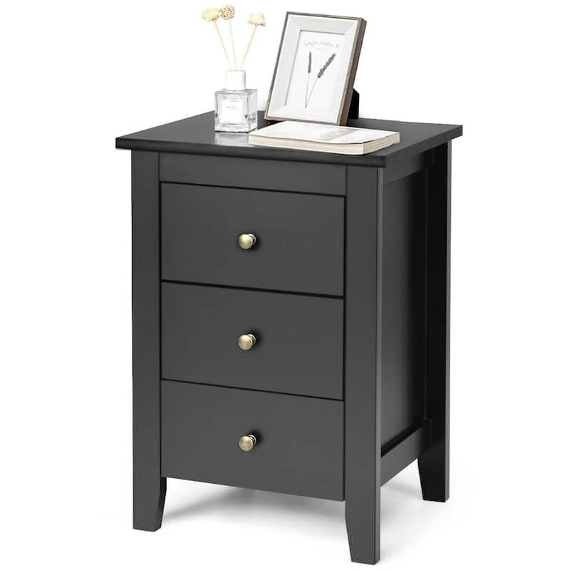 Black Bedside Table with 3 Drawers and Open Shelf Compact Storage Cabinet for Bedroom