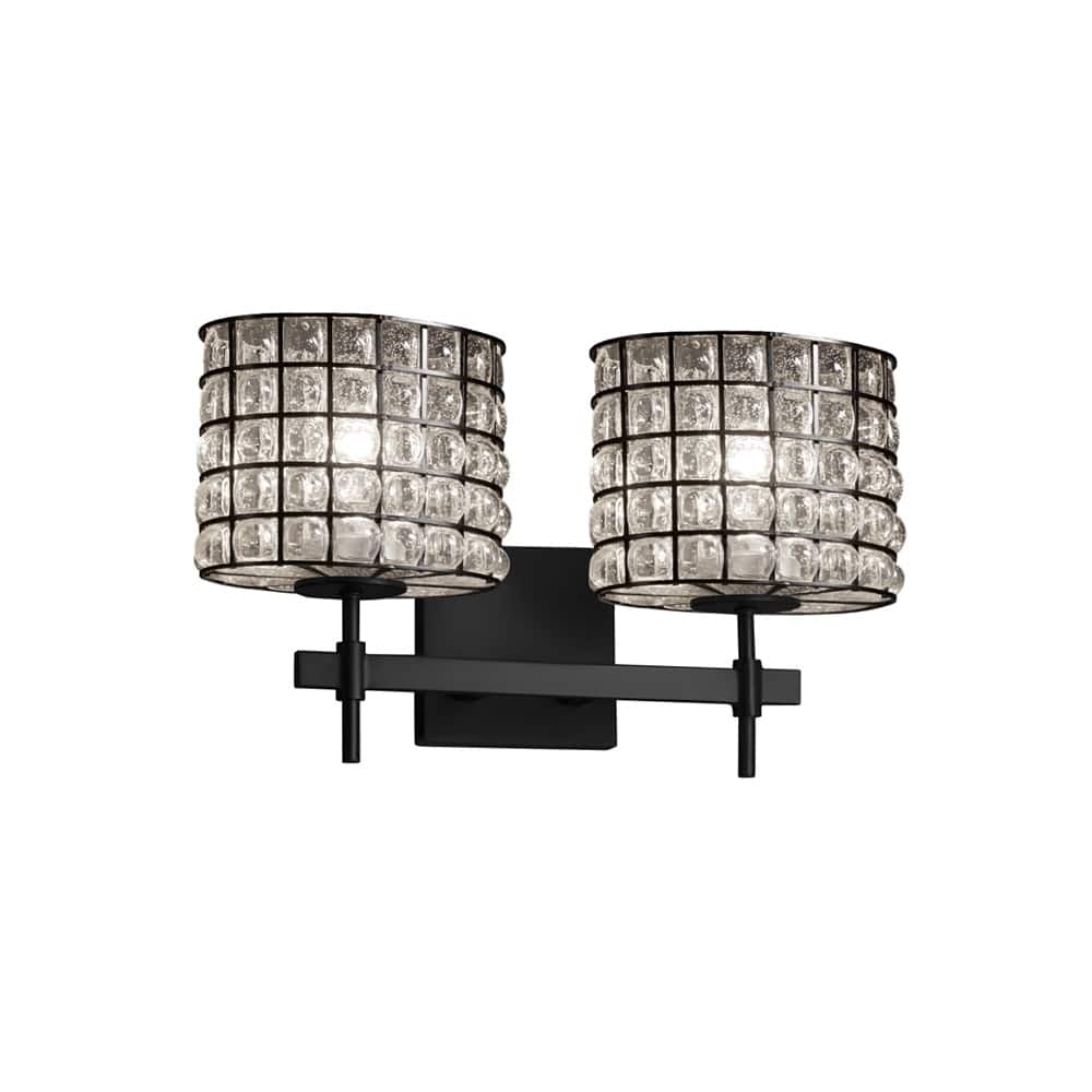 Wire Glass Union 2-Light Matte Black Bath Bar, Grid with Clear Bubbles Oval Shade