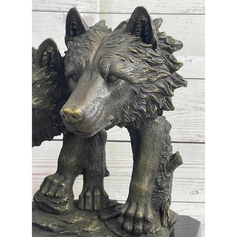 Dual Imitative Wolf Bust Sculpture Statue Two Wolves Bronze Metal Decor Signed Original