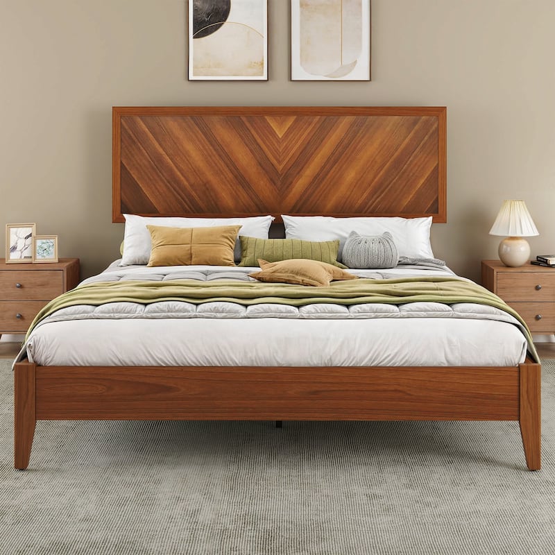 Queen/King Size Bed Frame with Adjustable Headboard Heights and Solid Wood Headboard, Walnut Color
