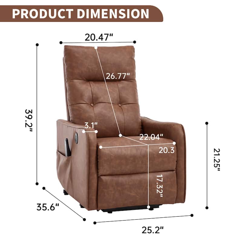 PU Leather Recliner with Single Motor Lift Massage Heat and 155 Degree Recline