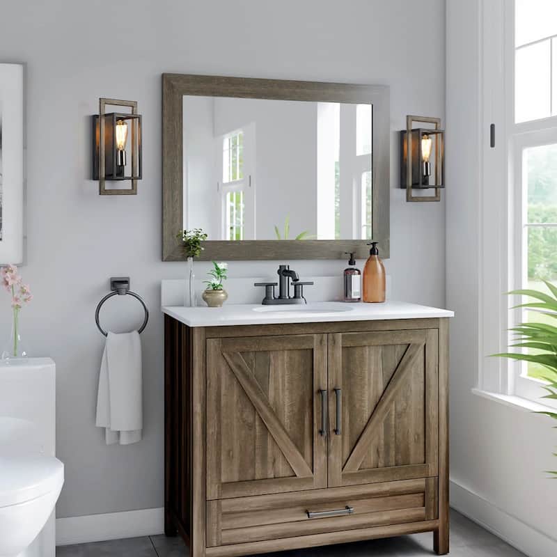1-Light Black/Wood Tone Dimmable Rustic Farmhouse Wall Sconce - 14.3''H