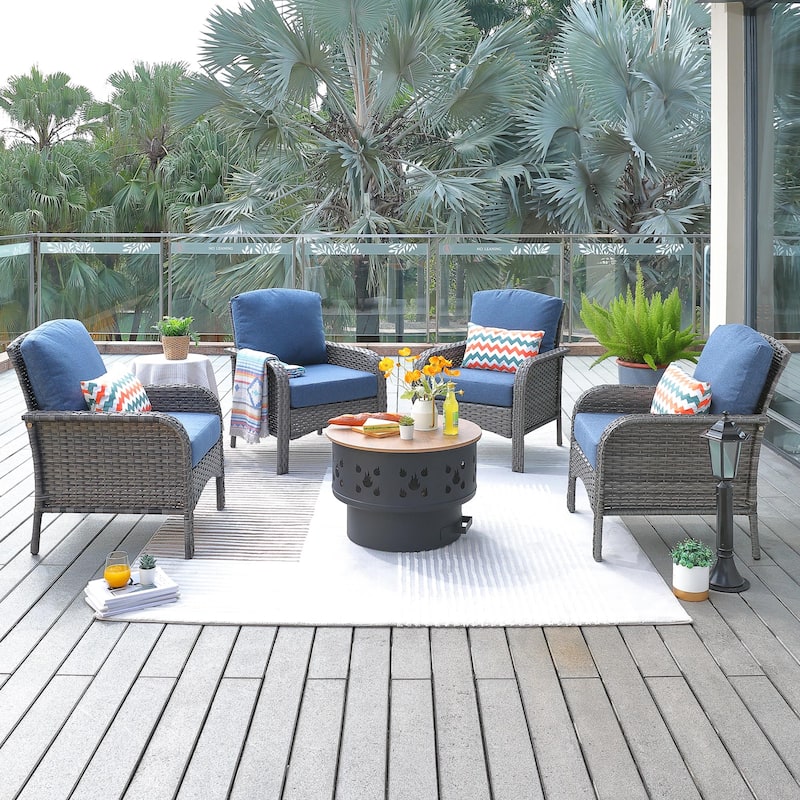 HOOOWOOO 5-piece Patio Wicker Chair Set with Wood Burning Fire Pit