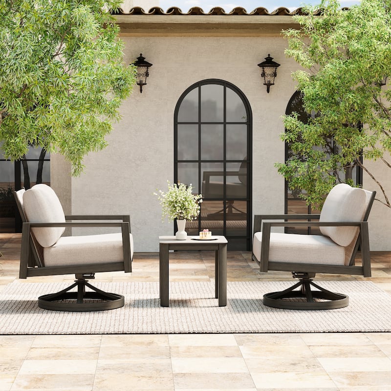 Nimbus 3-Piece Brown Aluminum Patio Conversation Set with Swivel Chairs, Sunbrella Light Gray Cushions and Side Table