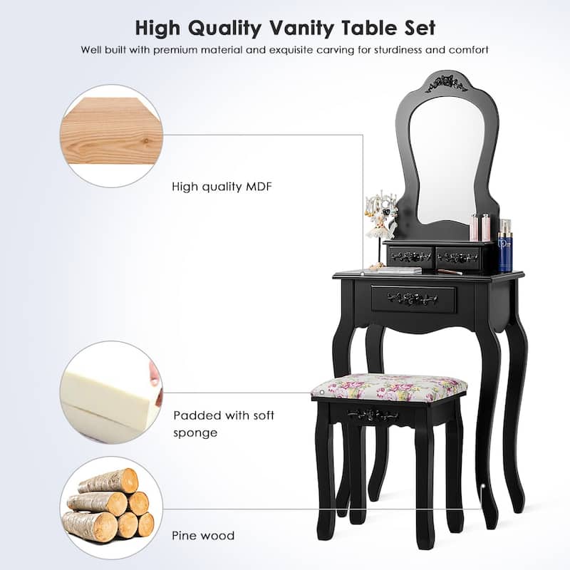 Costway Vanity Wood Makeup Dressing Table Stool Jewelry Desk Black