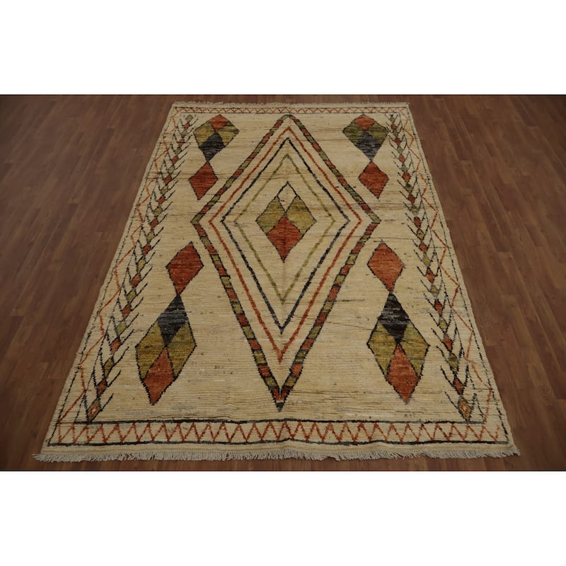 Hand Knotted Oriental 100% Wool Carpet Modern Tribal Beige & Ivories Moroccan Area Rug - 10' 3'' X 7' 0''