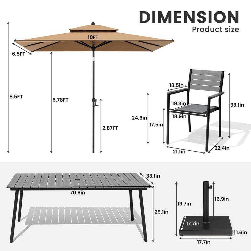 9-Piece Patio Dining Set Outdoor Aluminum Dining Table and Stackable Chairs with Umbrella and Base