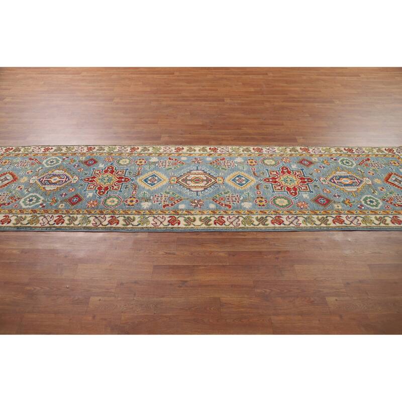 Light Blue Geometric Kazak Runner Rug Hand-Knotted Wool Carpet - 2'8" x 9'6"
