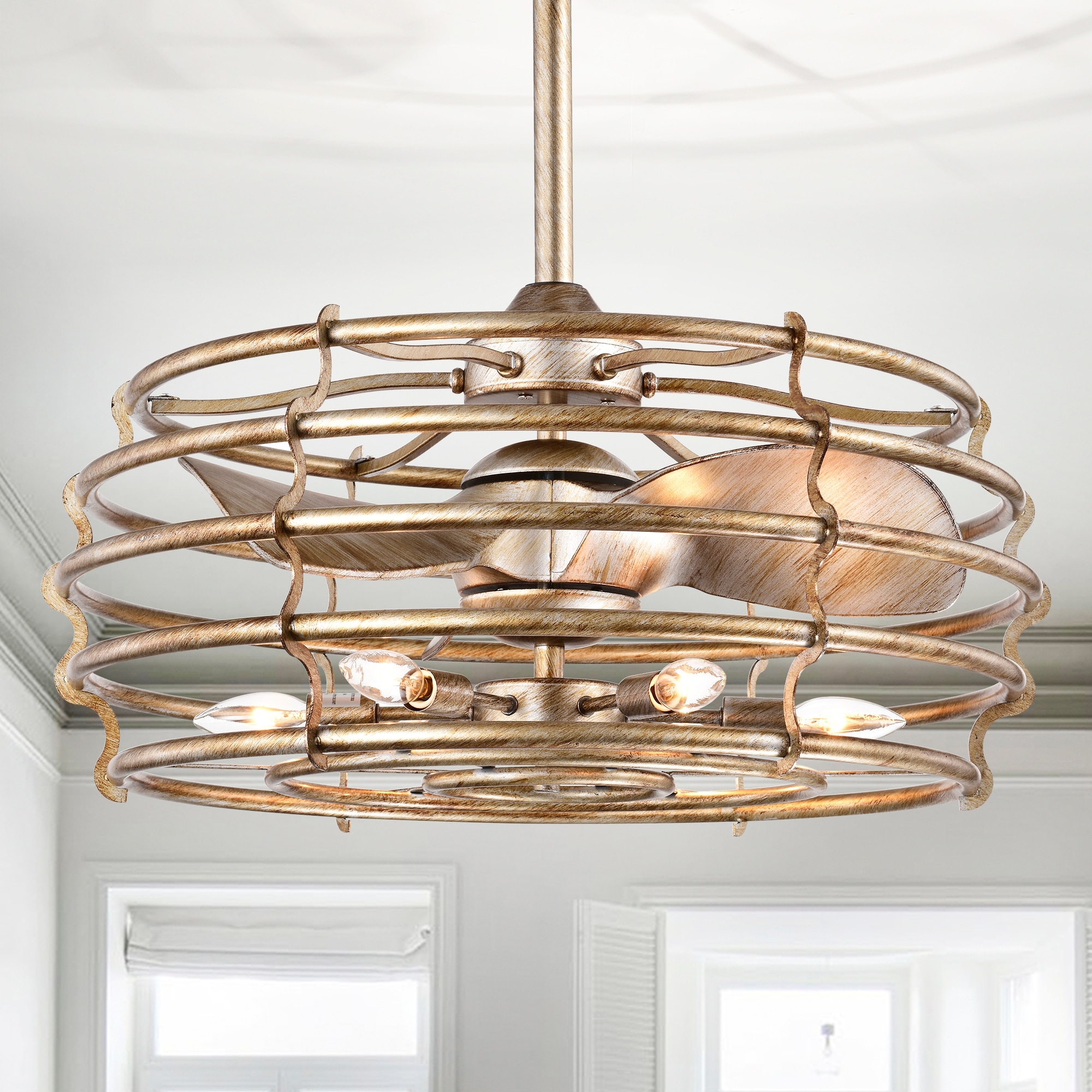 Warehouse of Tiffany Baakir Gold Brushed 6 Light 3 Blade Chandeler Ceiling Fan 26 Inch with Remote